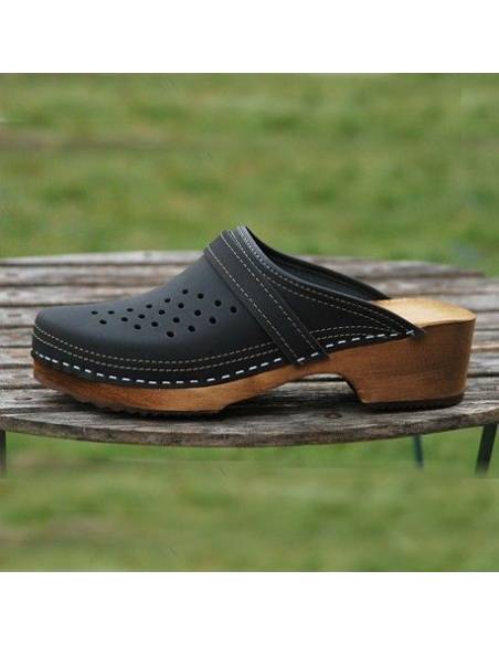 Sabots suédois cuir noir homme et semelles en bois