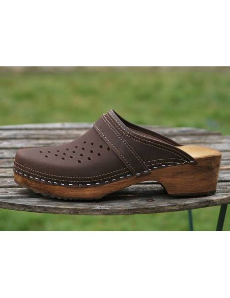 Sueco zuecos de madera cuero para hombre