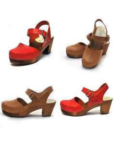 Women Swedish wooden and vegetal leather heeled sandals