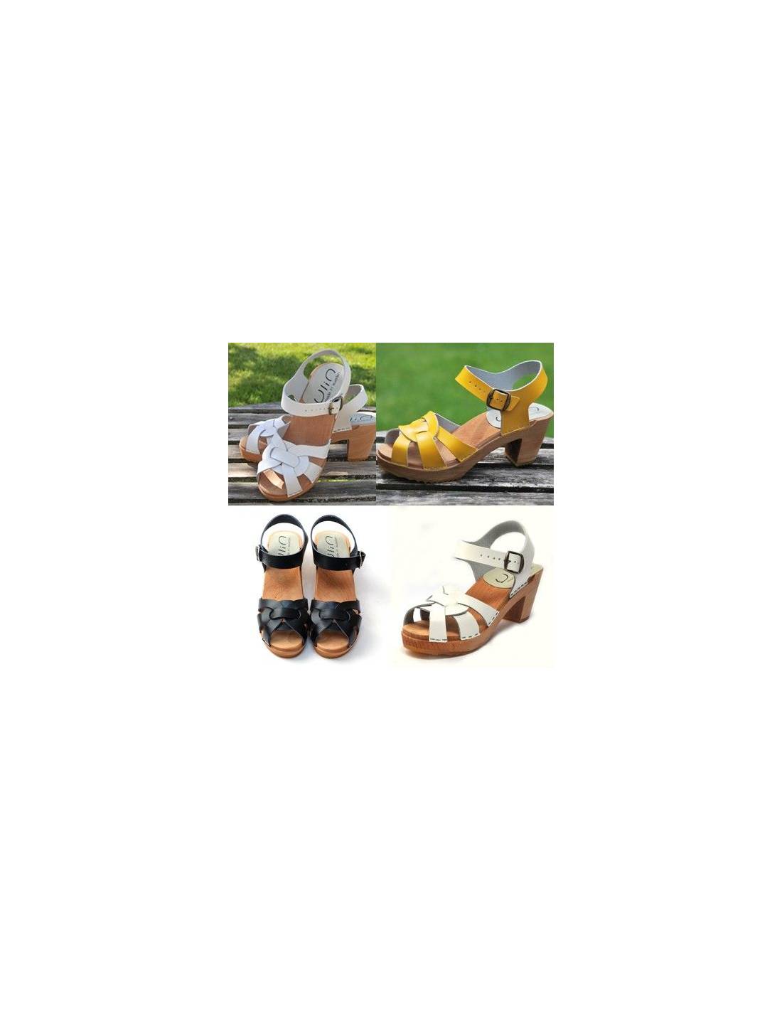 Sandales suédoises femme boucle talons bois en cuir mat et vernis