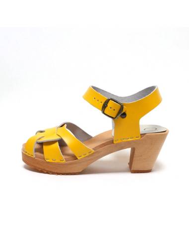 Sandales sabots suédoises  talon haut bois cuir jaune