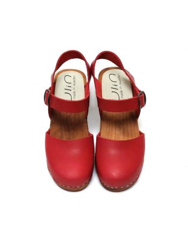 Sandale sabot suédoise femme talon haut bois et cuir rouge végétal cardinal