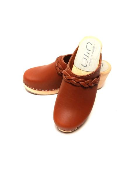 Women heels high wooden Swedish clogs and vegetal leather and nubuck