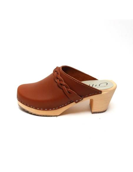 Women heels high wooden Swedish clogs and vegetal leather and nubuck