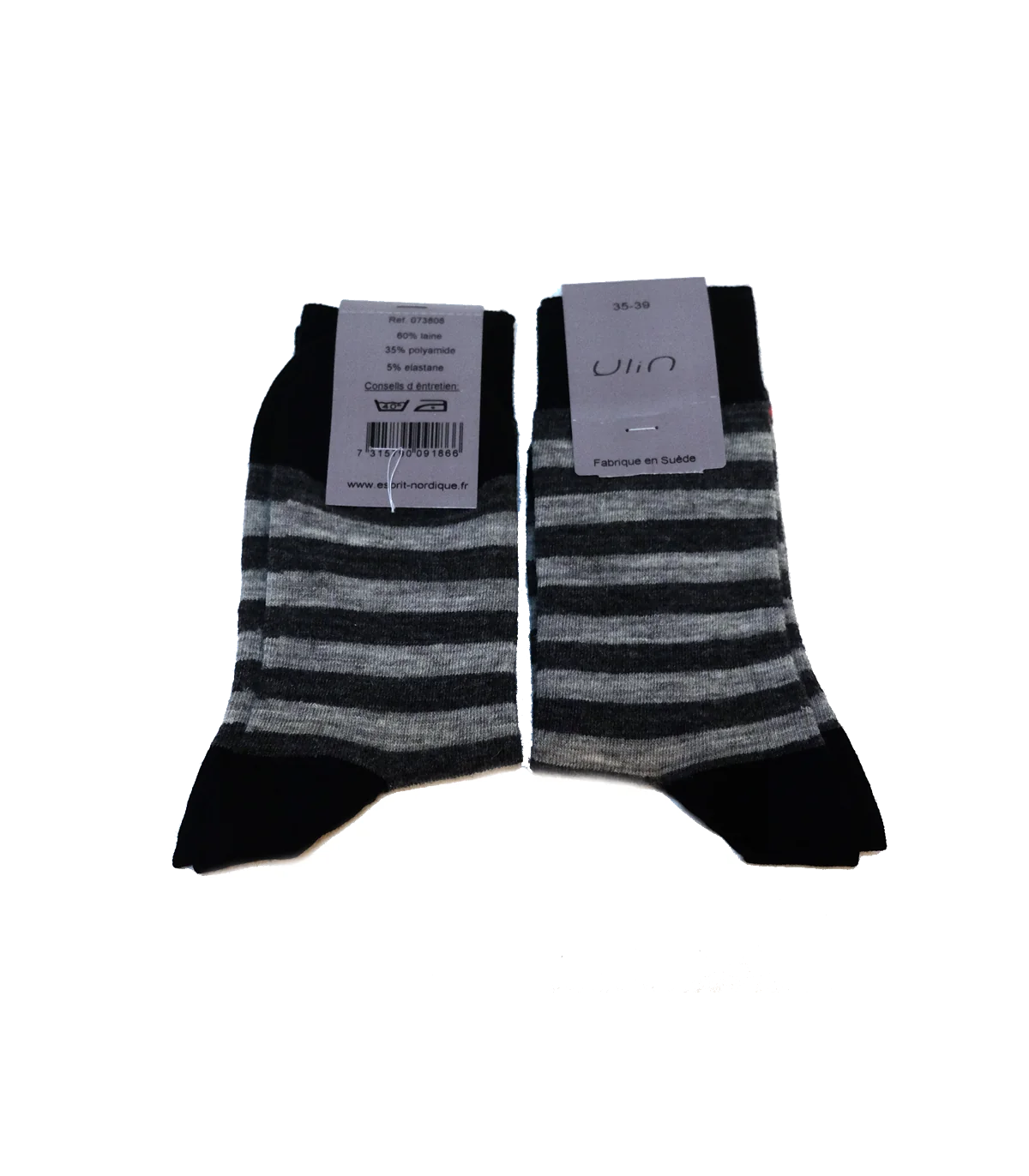 Chaussettes chaudes laine rayée extra fines noir et gris homme