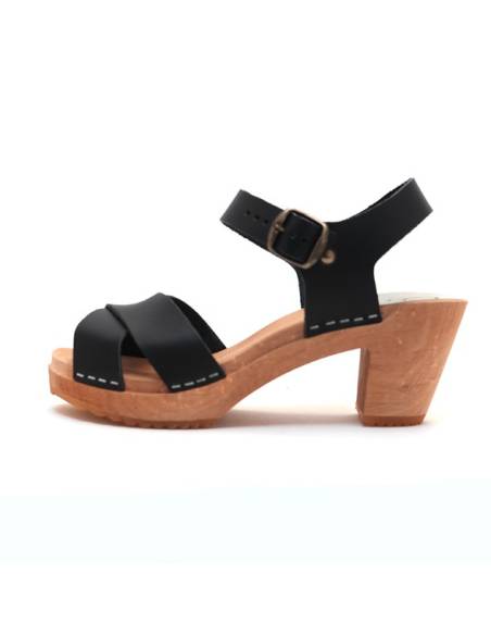 Schwedische Holz Sandalen Damen und Gemuse Leder schwarz oder cognac