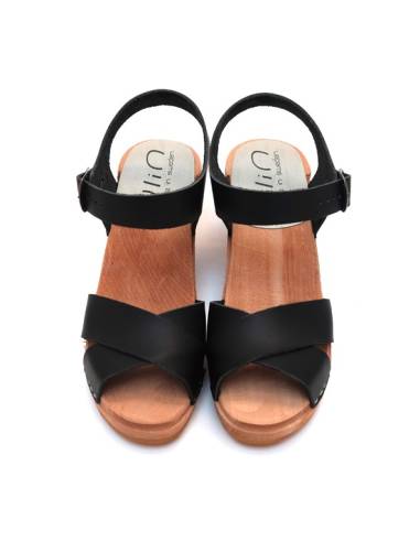 Schwedische Holz Sandalen Damen und Gemuse Leder schwarz oder cognac