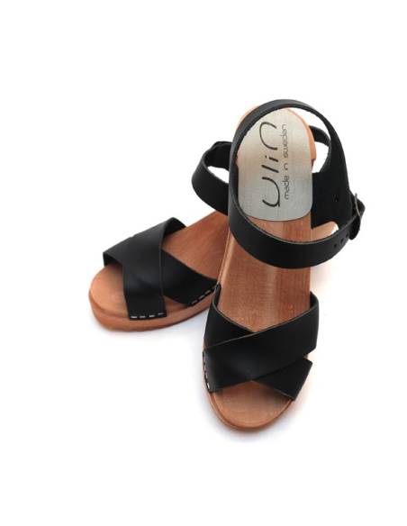 Schwedische Holz Sandalen Damen und Gemuse Leder schwarz oder cognac