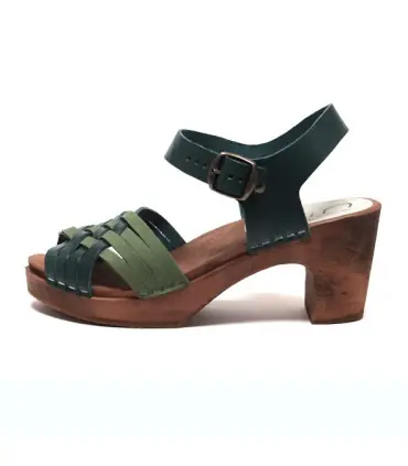 Sandales à talons de 7 cm modèles Mégan cuir au tannage végétal vert bleuté et noir veg nordic style 