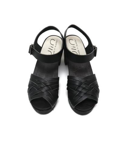 Swedish women's  Sandals wood high heels organic leather black or green double