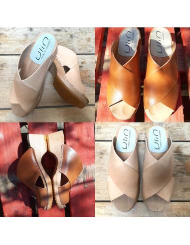 Wooden swedish women sandal organic leather