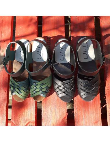 Swedish women's  Sandals wood high heels organic leather black or green double