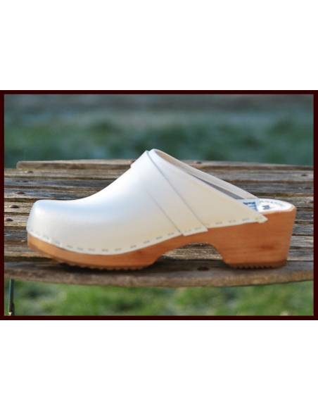 Sabots femme bois cuir blanc