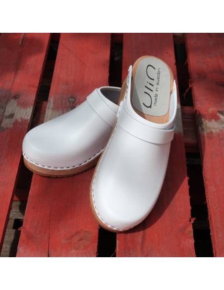 Sueco zuecos de madera cuero blanco mujer