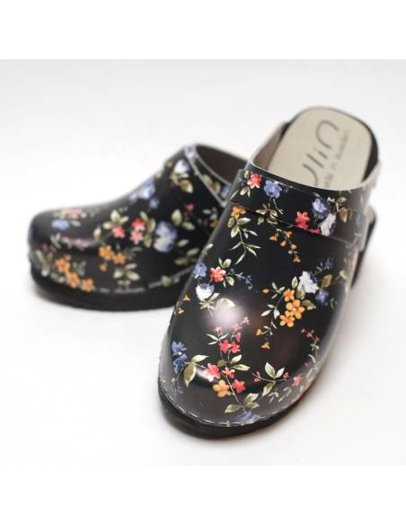 sabots femme style jardinage cuir noir à motif fleuri