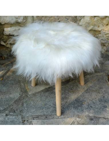 Taburete de madera de piel de cordero redondo blanco, rosa o linen