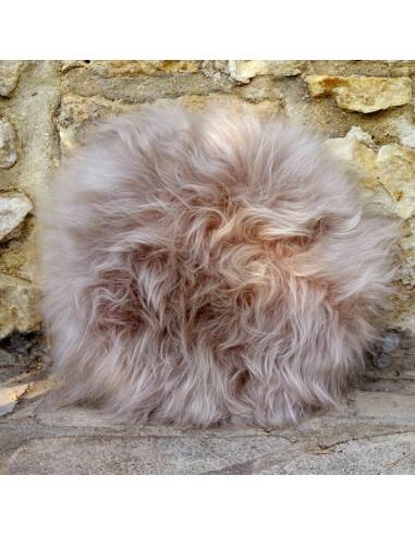 Taburete de madera de piel de cordero redondo blanco, rosa o linen