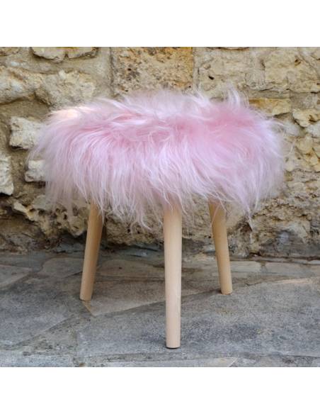 Taburete de madera de piel de cordero redondo blanco, rosa o linen