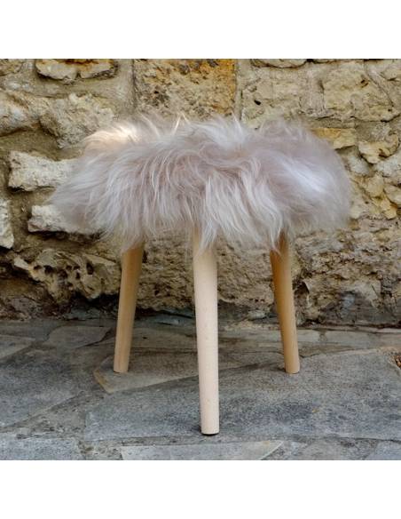 Tabouret rond bois et peau de mouton gris beige