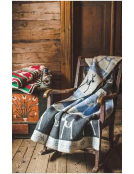 plaid pure laine vierge motif renne gris bleu