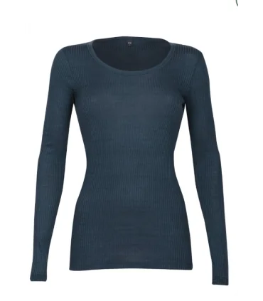 women's rib collar shirt long sleeves in pure grey merino wool