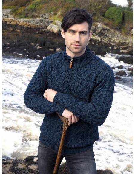 Men's Half Zip Aran Wool Sweater in pure merinowool