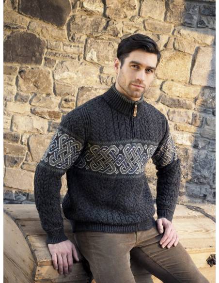 Pull zip pure laine mérinos gris foncé motif