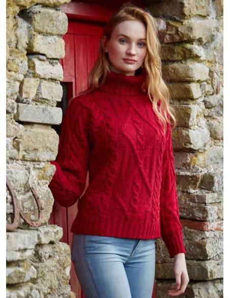 Jersey de cuello alto irlandés para mujer en pura lana merino roja