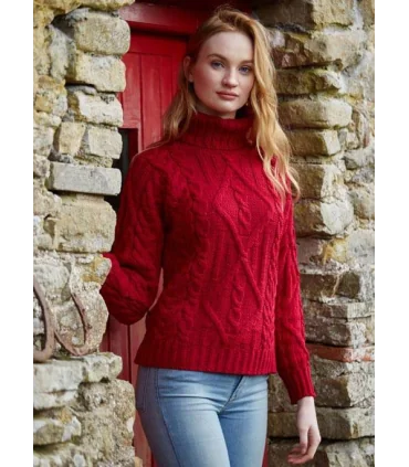 Jersey de cuello alto irlandés para mujer en pura lana merino roja