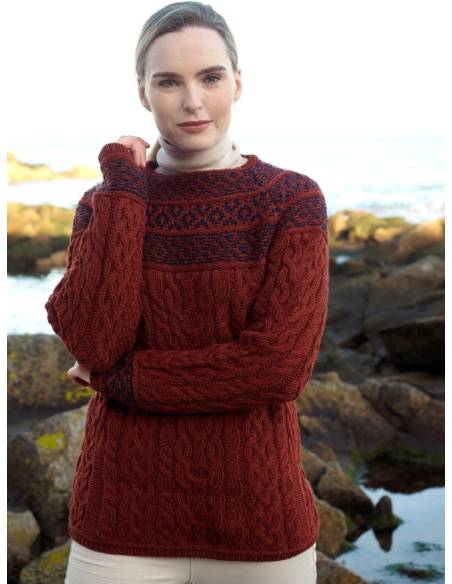 pull jacquard femme pure laine mérinos rouille orange