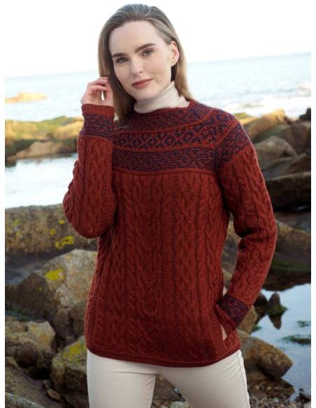 pull jacquard femme pure laine mérinos rouille orange