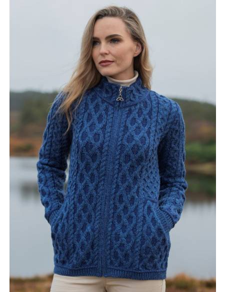 Gilet cardigan Zip Femme pure laine mérinos bleu