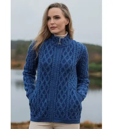 Gilet cardigan Zip Femme pure laine mérinos bleu