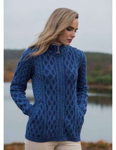 Cárdigan plateado con cremallera para mujer en azul merinowool puro