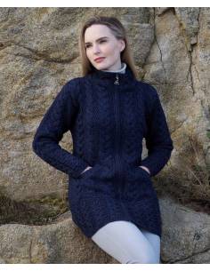 Women's Cable design Zip Coat cardigan pure merinowool blue