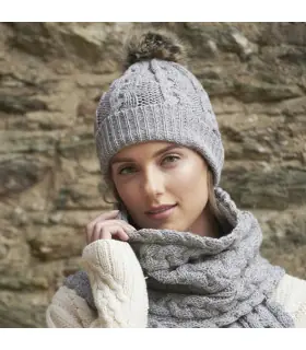 Casquette,Chapeau d'hiver pour femmes,couleur de Ski,grande  fourrure,pompons,boule tricotée,ensemble écharpe,bonnet - Type Gray