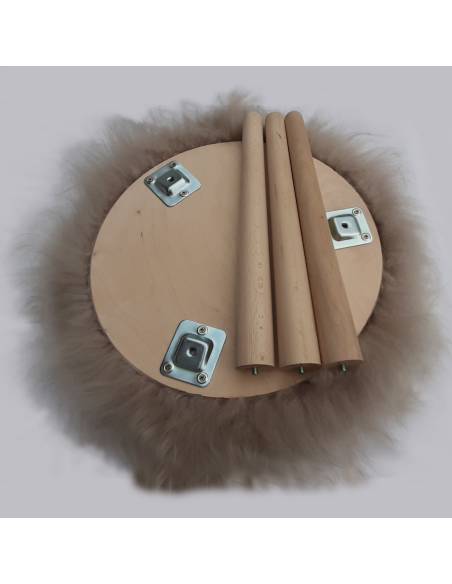 Tabouret rond bois et véritable peau de mouton poils longs