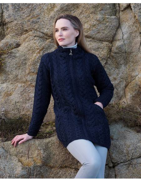 Cable design Zip Coat cardigan pure merinowool blue