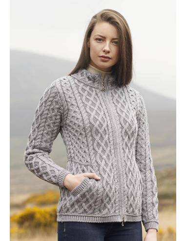 Cárdigan plateado con cremallera para mujer en azul merinowool puro