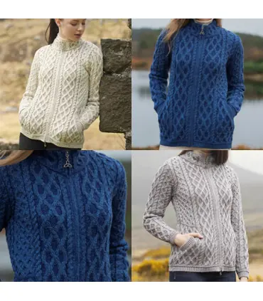 Cárdigan plateado con cremallera para mujer en azul merinowool puro