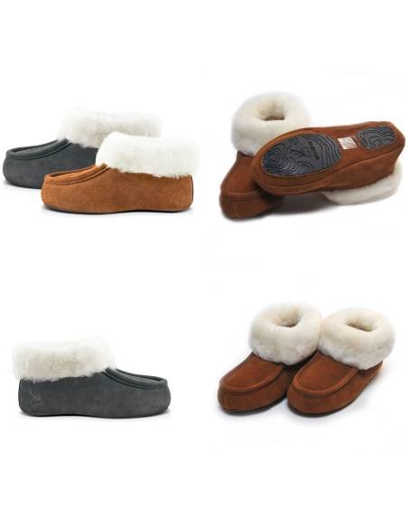 Chaussons chauds anti dérapants peau d'agneau moka ou gris homme et femme 