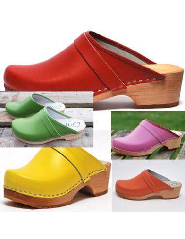 Sueco zuecos de madera cuero mujer