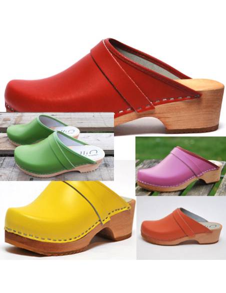 Women's swedish clogs yellow leather and wooden sole