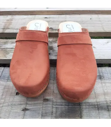 Sabots bois femme cuir nubuck cognac