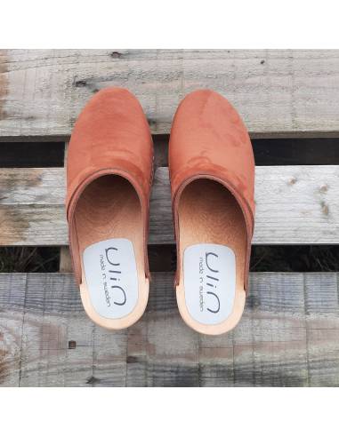 Sueco zuecos de madera y cuero nubuck aterciopelada mujer