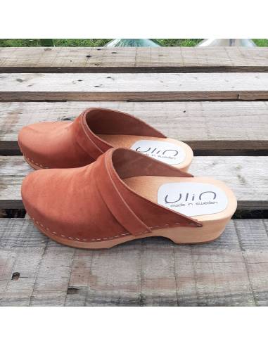 Sabots  femme bois suédois cuir nubuck cognac