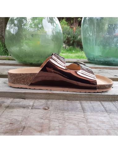 Claquette tong femme en liège et cuir noir ou mandarine