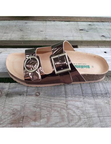 Claquette tong femme en liège et cuir noir ou mandarine