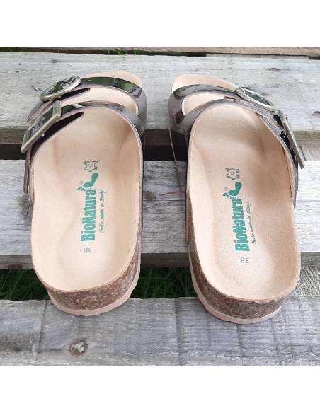 Claquette tong femme en liège et cuir noir ou mandarine