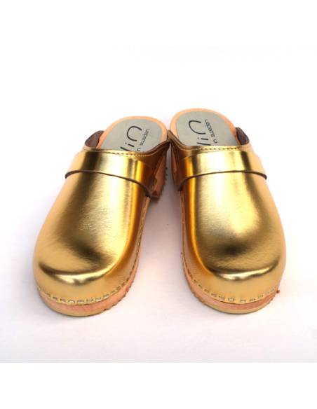 Damen Schwedische Holzschuhe und Leder silber oder bronze